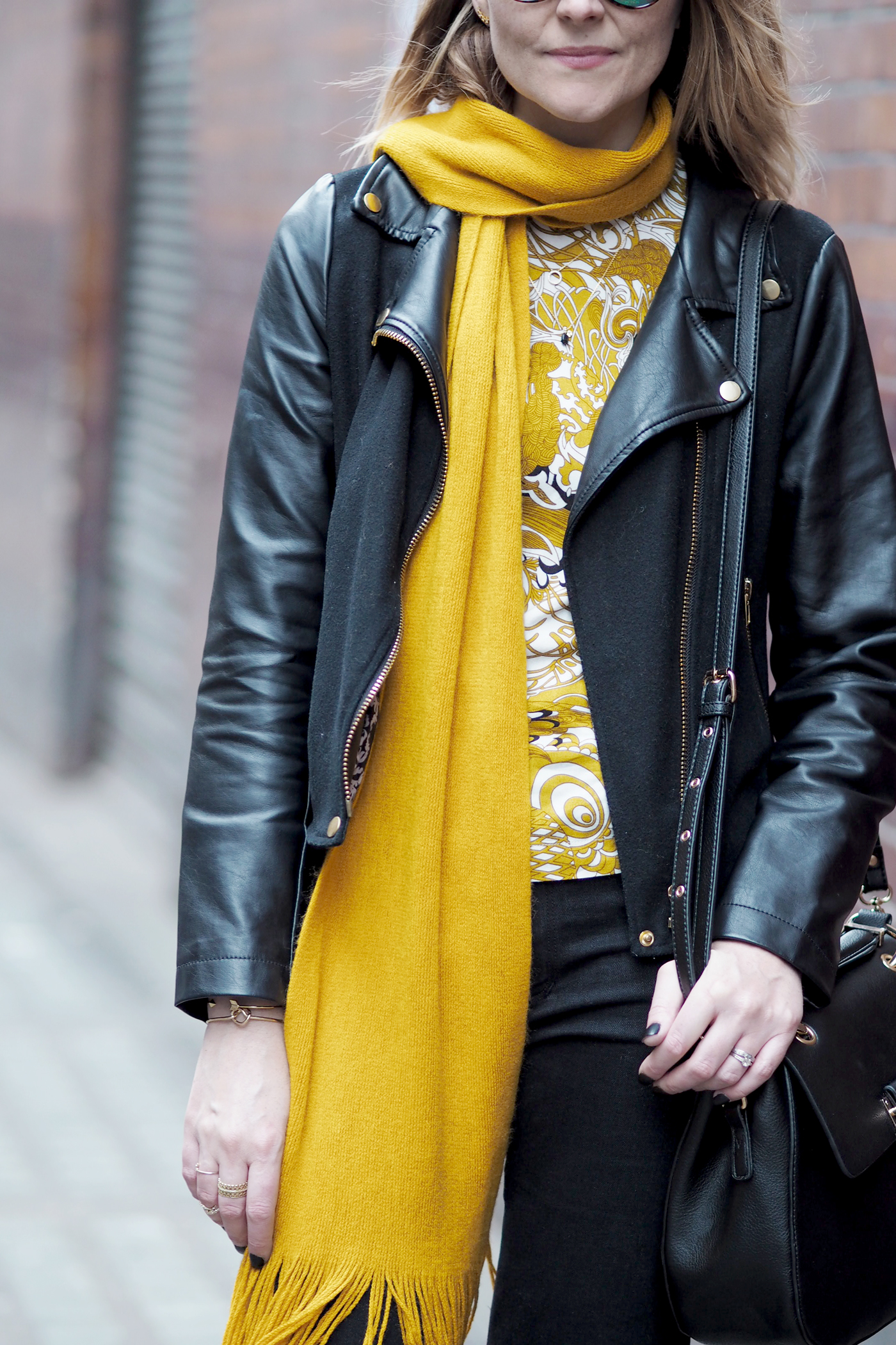 black biker and mustard outfit