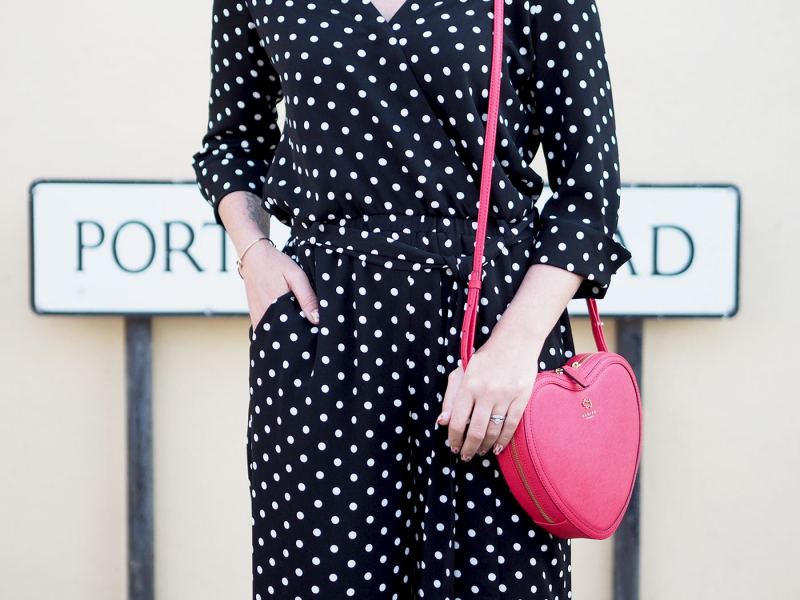 wallis spotted jumpsuit and trainers radley heart shaped bag