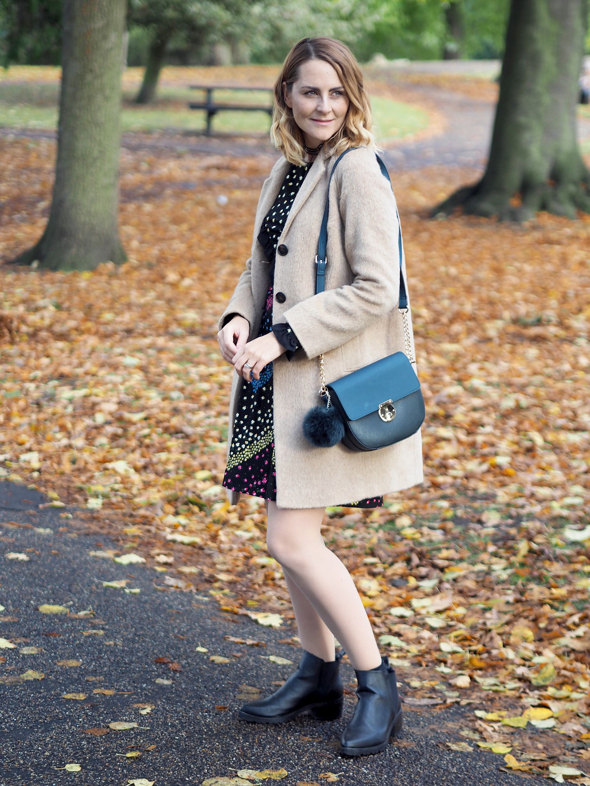 camel coat and floral dress autumn outfit