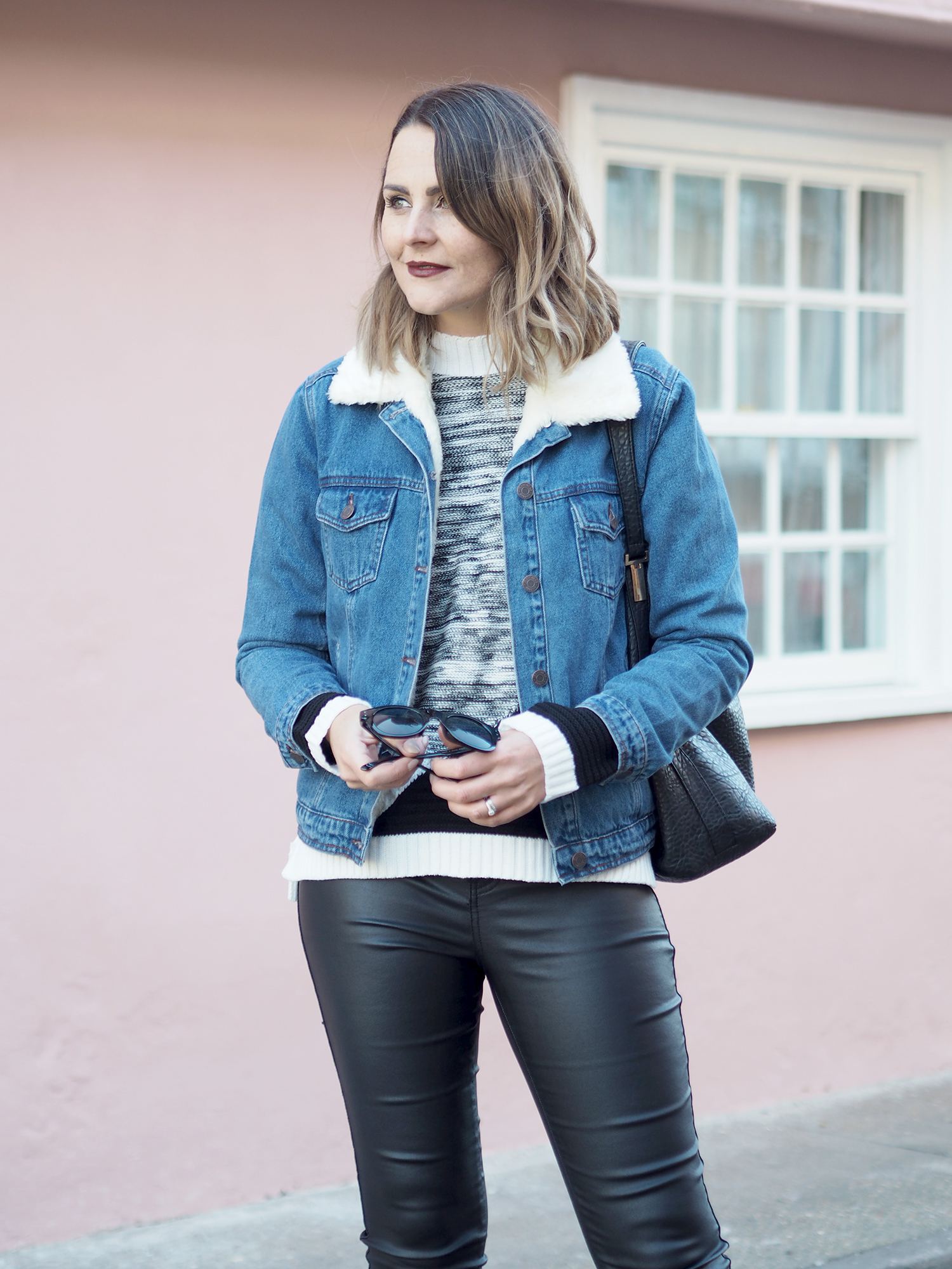 borg collar denim jacket outfit with chunky jumper