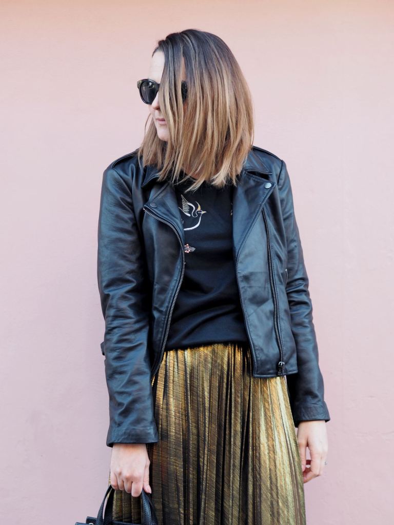 Gold Pleated midi skirt outfit Bang on Style