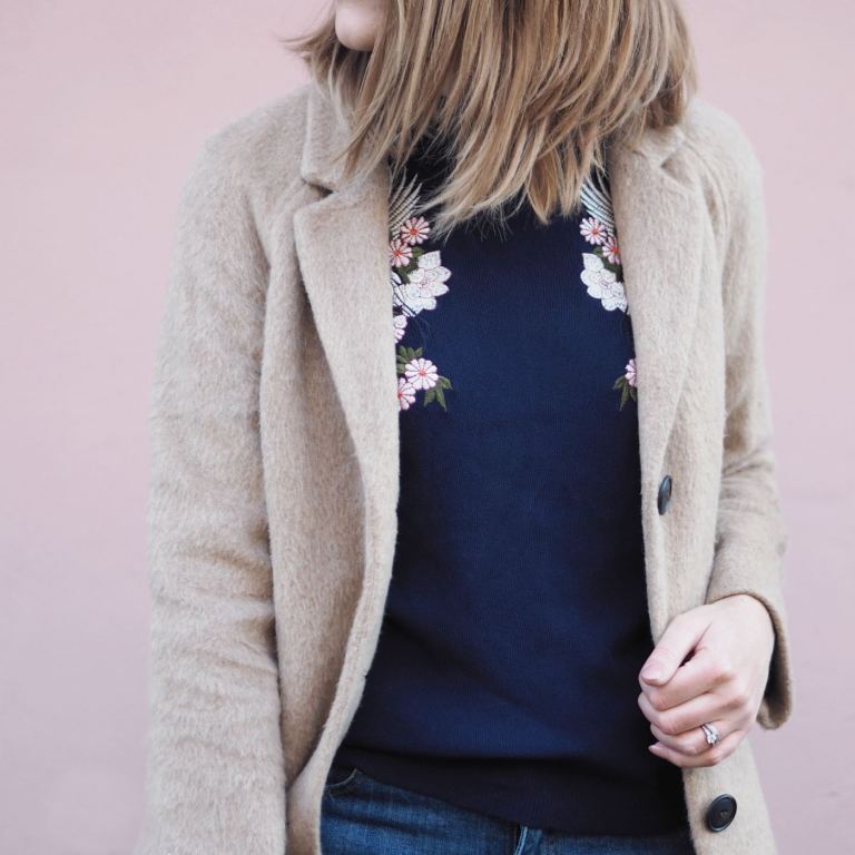 dorothy perkins outfit embroidered jumper and camel coat with chanel boy bag