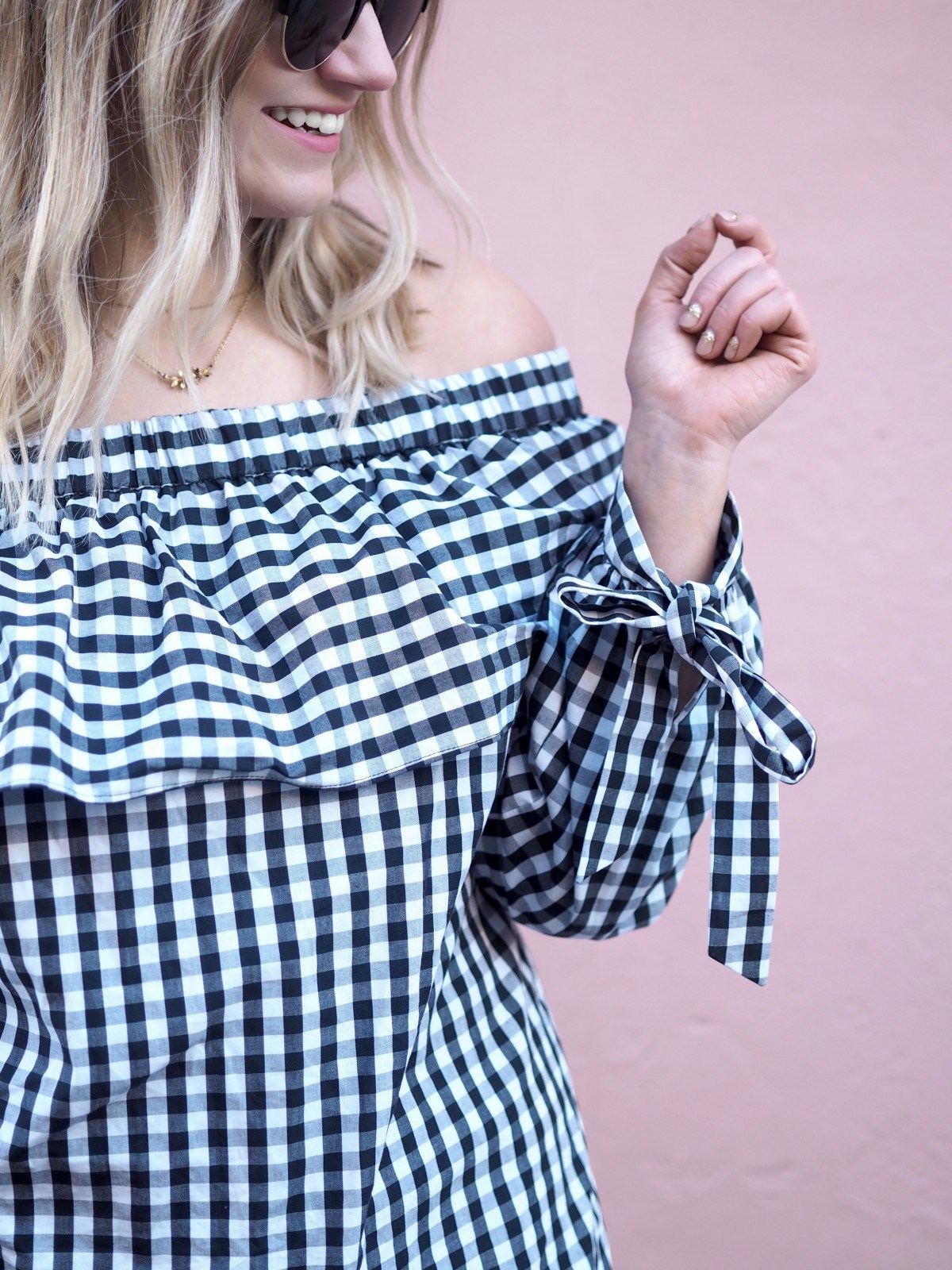 gingham top with bow sleeve