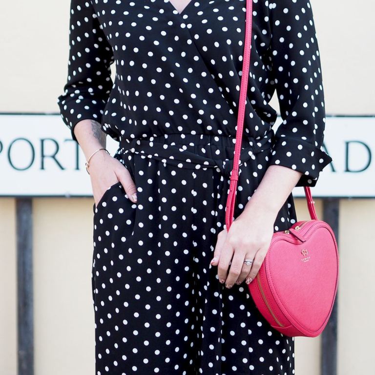 wallis spotted jumpsuit and trainers radley heart shaped bag