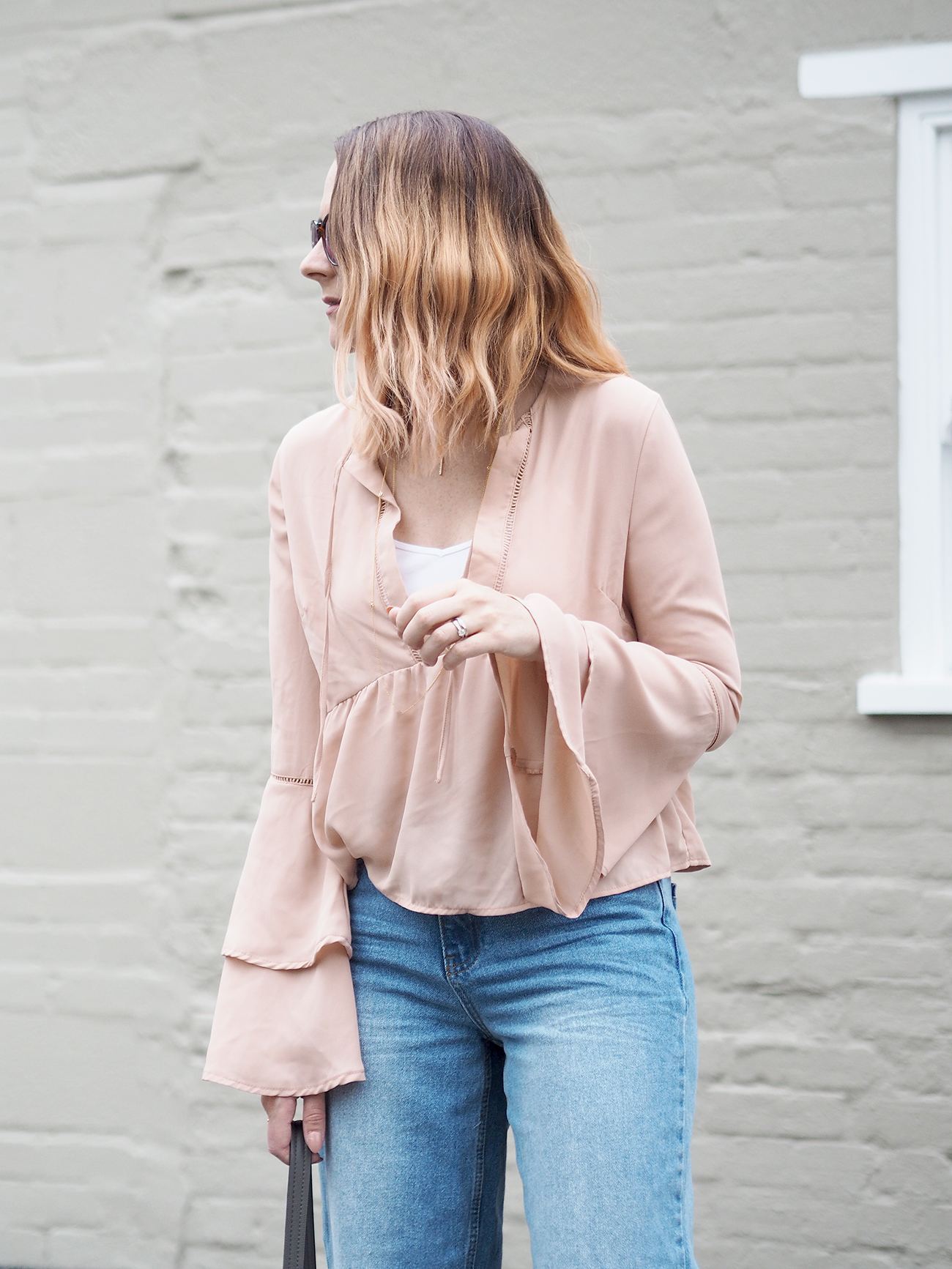 missguided flared sleeve blouse outfit and jeans