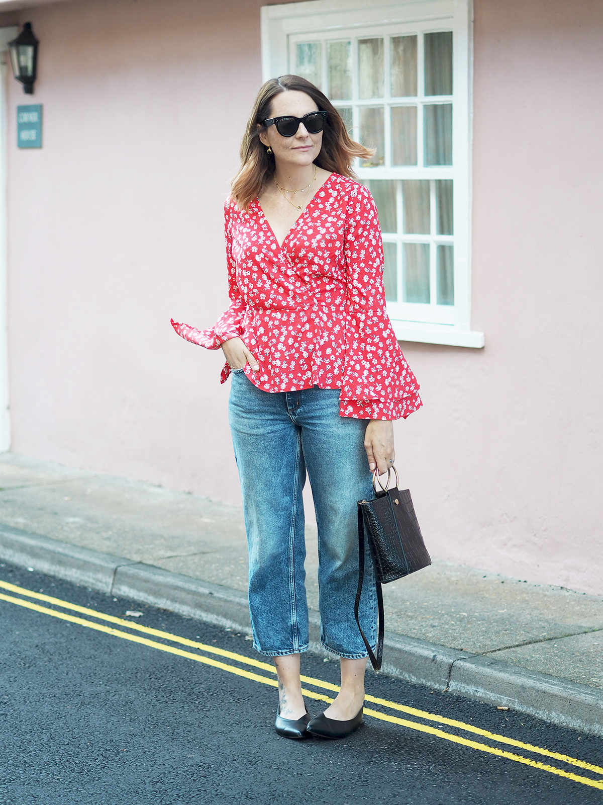 floral wrap blouse outfit with jeans 