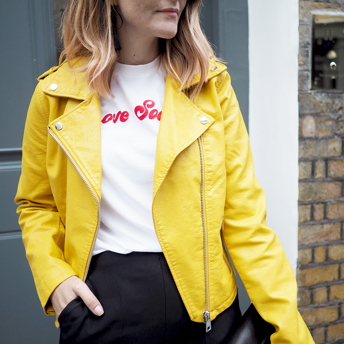 yellow biker jacket outfit