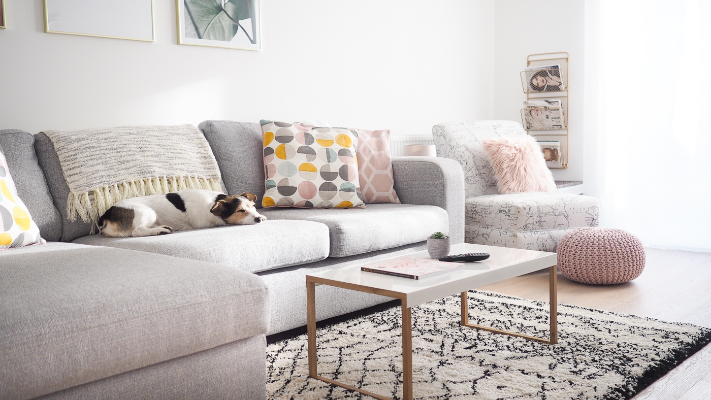 pink and grey living room tour