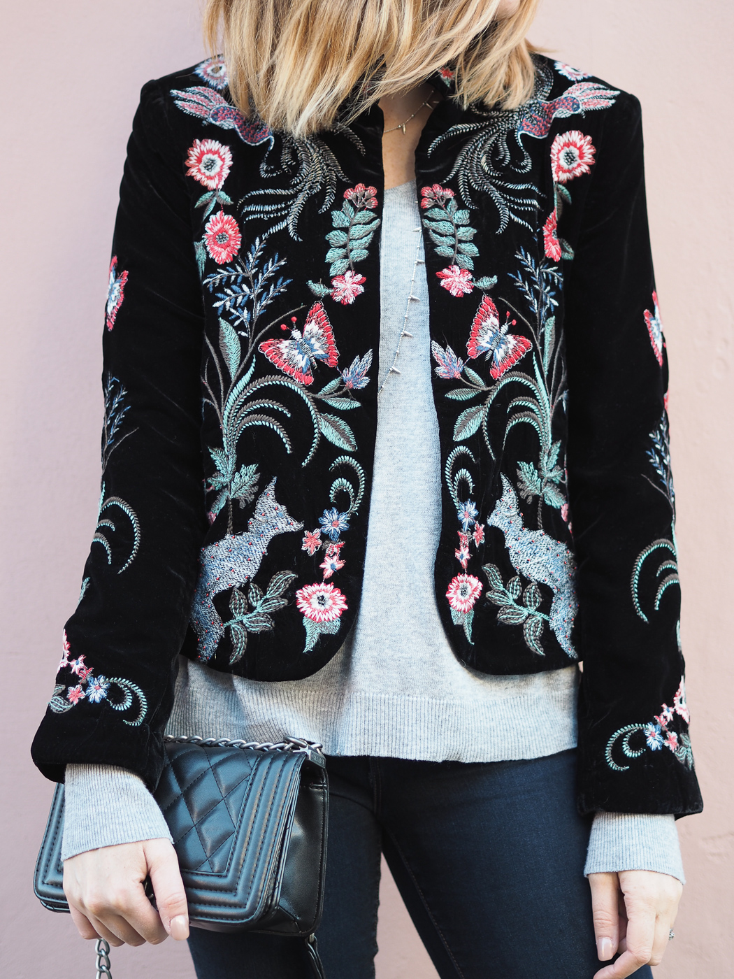 black velvet embroidered jacket outfit with chanel boy bag