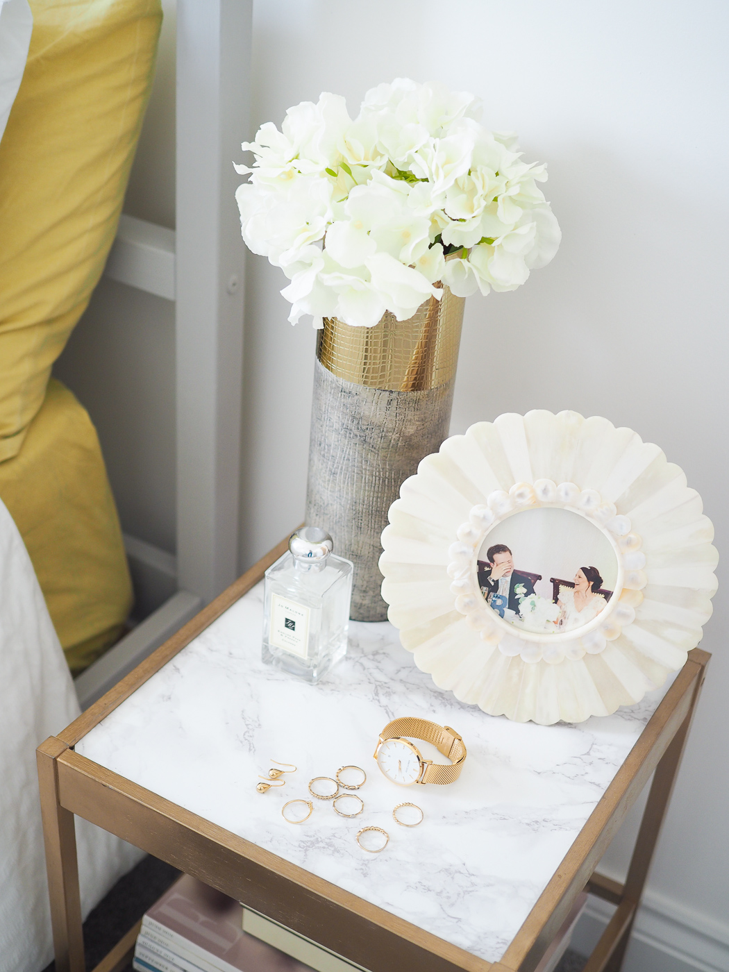 gold, green and grey bedroom makeover